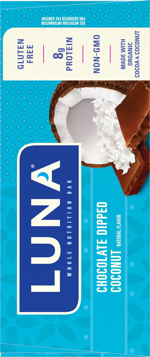 slide 7 of 9, LUNA Bar - Chocolate Dipped Coconut Flavor - Gluten-Free - Non-GMO - 7-9g Protein - Made with Organic Oats - Low Glycemic - Whole Nutrition Snack Bars - 1.69 oz. (6 Pack), 10.14 oz