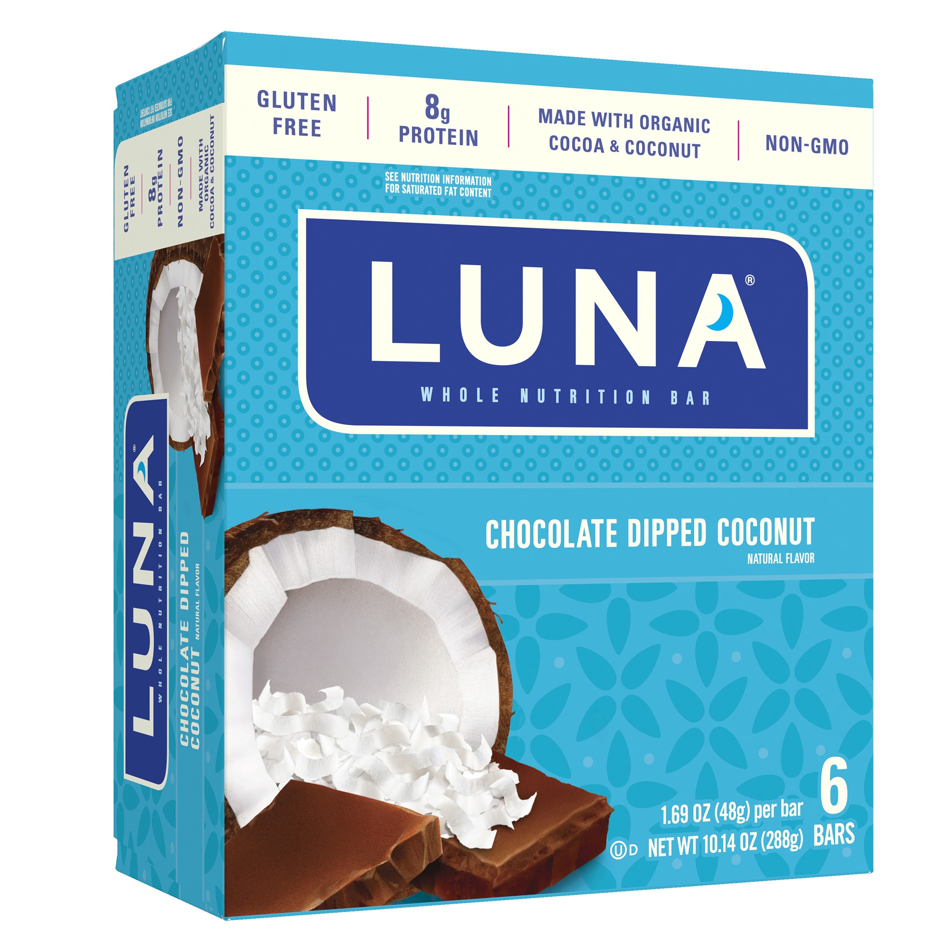 slide 1 of 9, LUNA Bar - Chocolate Dipped Coconut Flavor - Gluten-Free - Non-GMO - 7-9g Protein - Made with Organic Oats - Low Glycemic - Whole Nutrition Snack Bars - 1.69 oz. (6 Pack), 10.14 oz