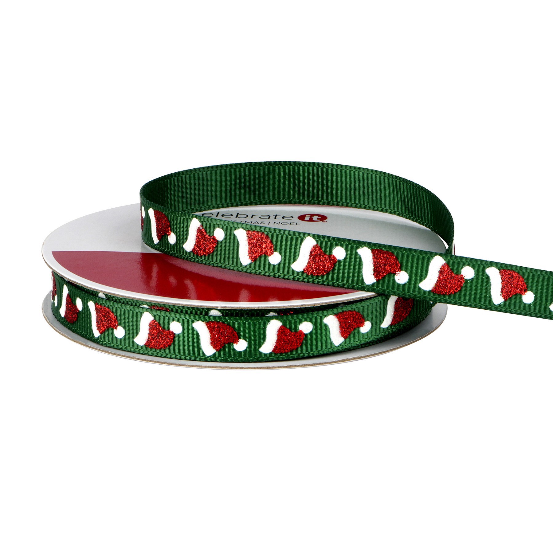 slide 3 of 3, 3/8" X 12ft. Green Santa Hats Ribbon By Celebrate It Christmas, 3/8 in x 12 ft