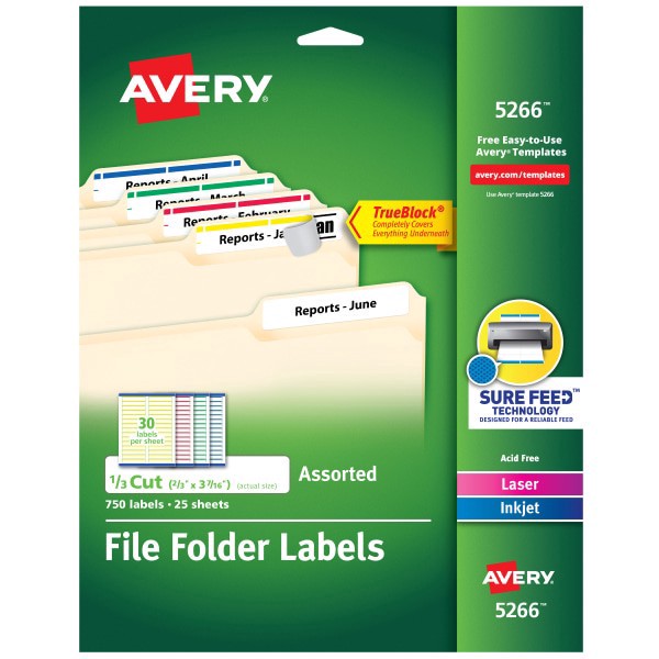 slide 1 of 8, Avery Laser/Inkjet Permanent Adhesive File Folder Labels - Assorted (750 Per Pack), 750 ct; 2/3 in x 3 7/16 in