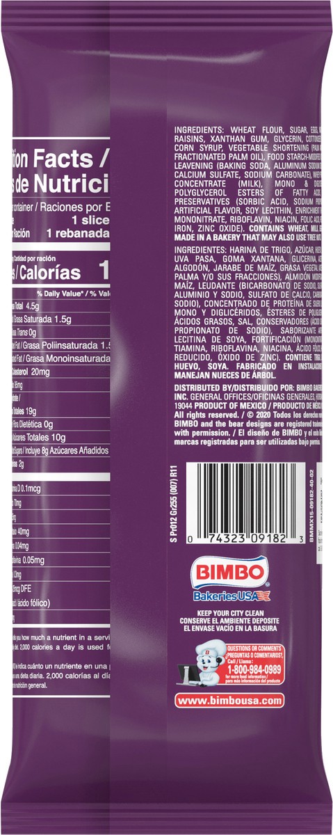 slide 8 of 9, Bimbo Panqué con Pasas Plain Pound Cake with Raisins, 9.88 oz, 8.81 oz