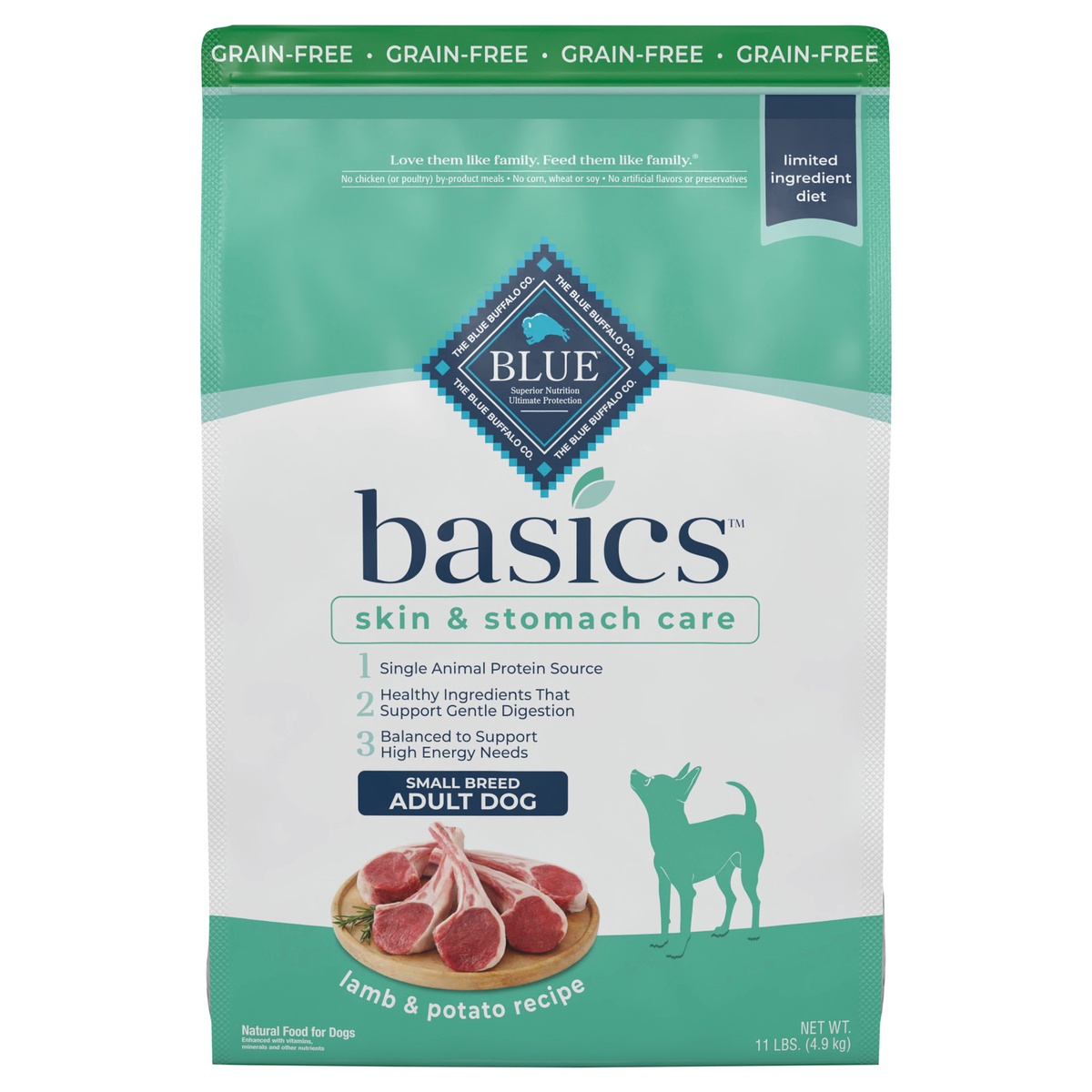 slide 1 of 1, Blue Buffalo Basics Skin & Stomach Care, Grain Free Natural Adult Small Breed Dry Dog Food, Lamb & Potato 11-lb, 11 lb