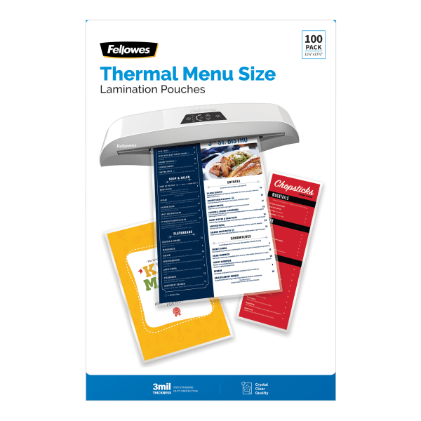 slide 1 of 5, Fellowes Thermal Laminating Pouches, Menu Size, 3 Mil, 11-1/2'' X 17-1/2'', Ultra-Clear, Pack Of 100 Pouches, 100 ct