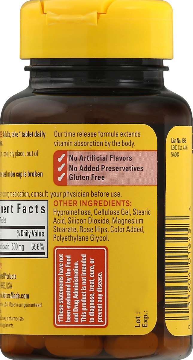 slide 2 of 9, Nature Made Vitamin C 500 mg Time Release Tablets with Rose Hips, 60 Count to Help Support the Immune System, 60 ct