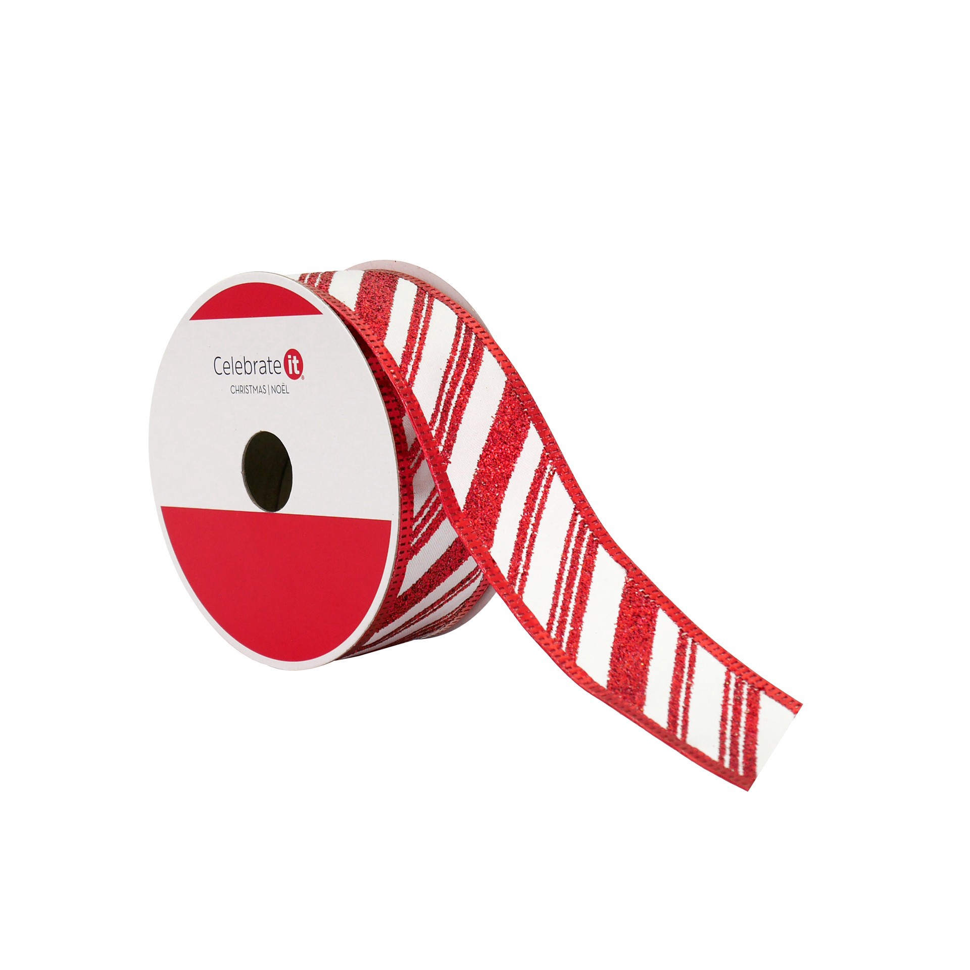 slide 2 of 3, 1.5" X 30ft. White & Red Glitter Diagonal Stripes Wired Ribbon By Celebrate It, 1.5 in x 30 ft