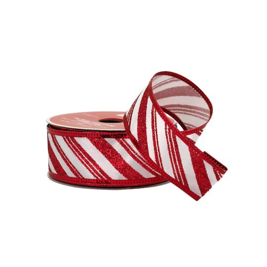 slide 1 of 3, 1.5" X 30ft. White & Red Glitter Diagonal Stripes Wired Ribbon By Celebrate It, 1.5 in x 30 ft