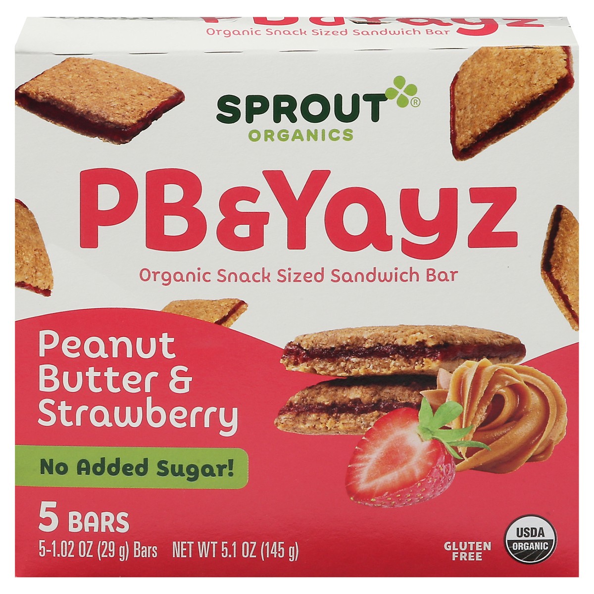slide 1 of 9, Sprout Organics PB & Yayz Organic Peanut Butter & Strawberry Sandwich Bar Snack Sized 5 - 1.02 oz Bars, 5 ct