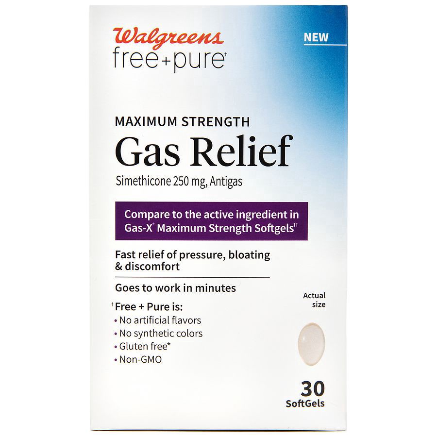 slide 1 of 3, Walgreens Free & Pure Maximum Strength Gas Relief, Simethicone 250 mg, 30 ct