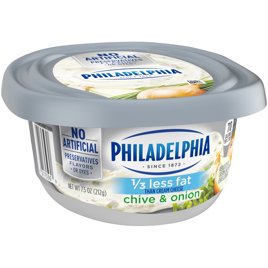 slide 3 of 8, Philadelphia Chive and Onion Reduced Fat Cream Cheese Spread, 7.5 oz