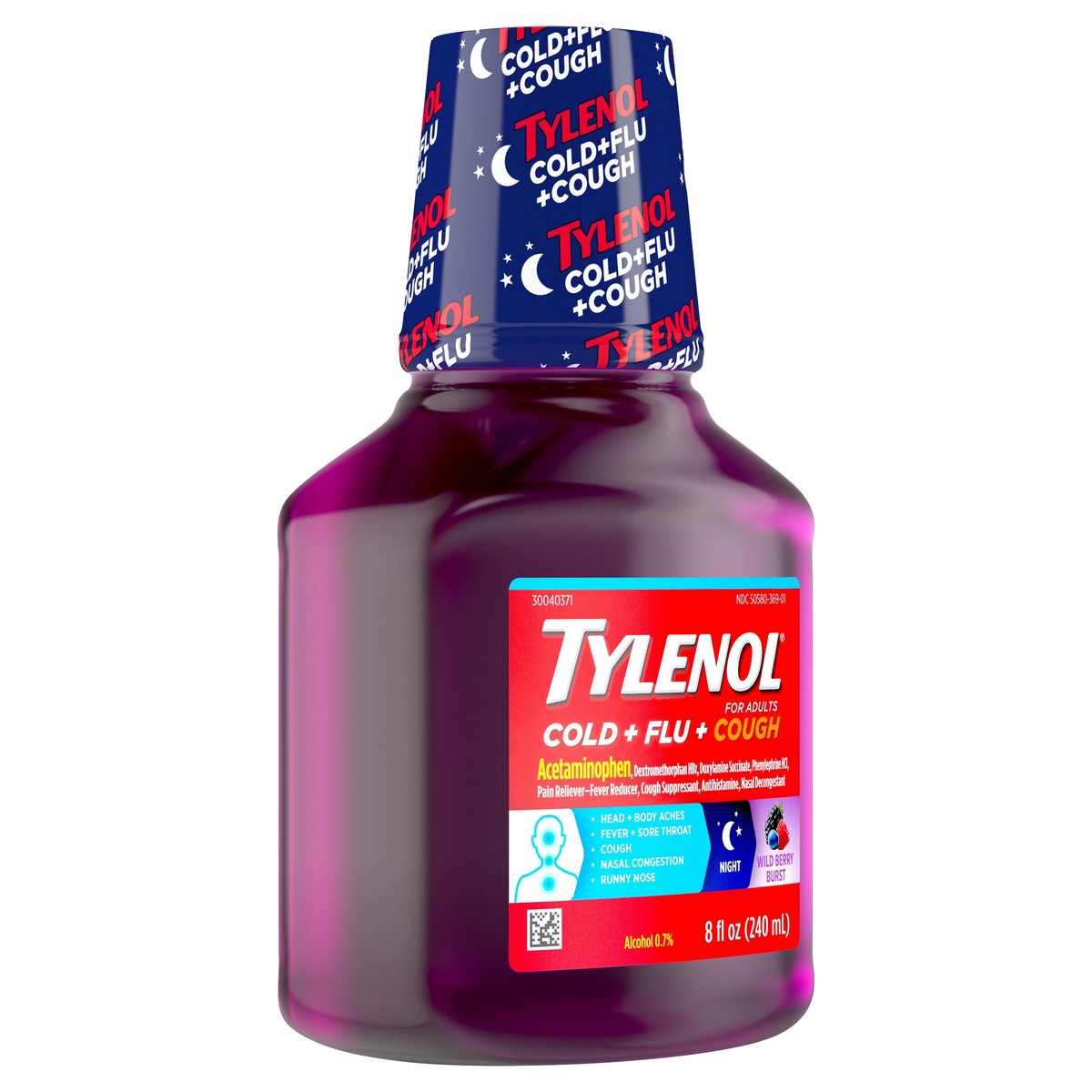 slide 5 of 6, Tylenol Cold + Flu + Cough Night Liquid, Wild Berry Burst, 8 fl oz