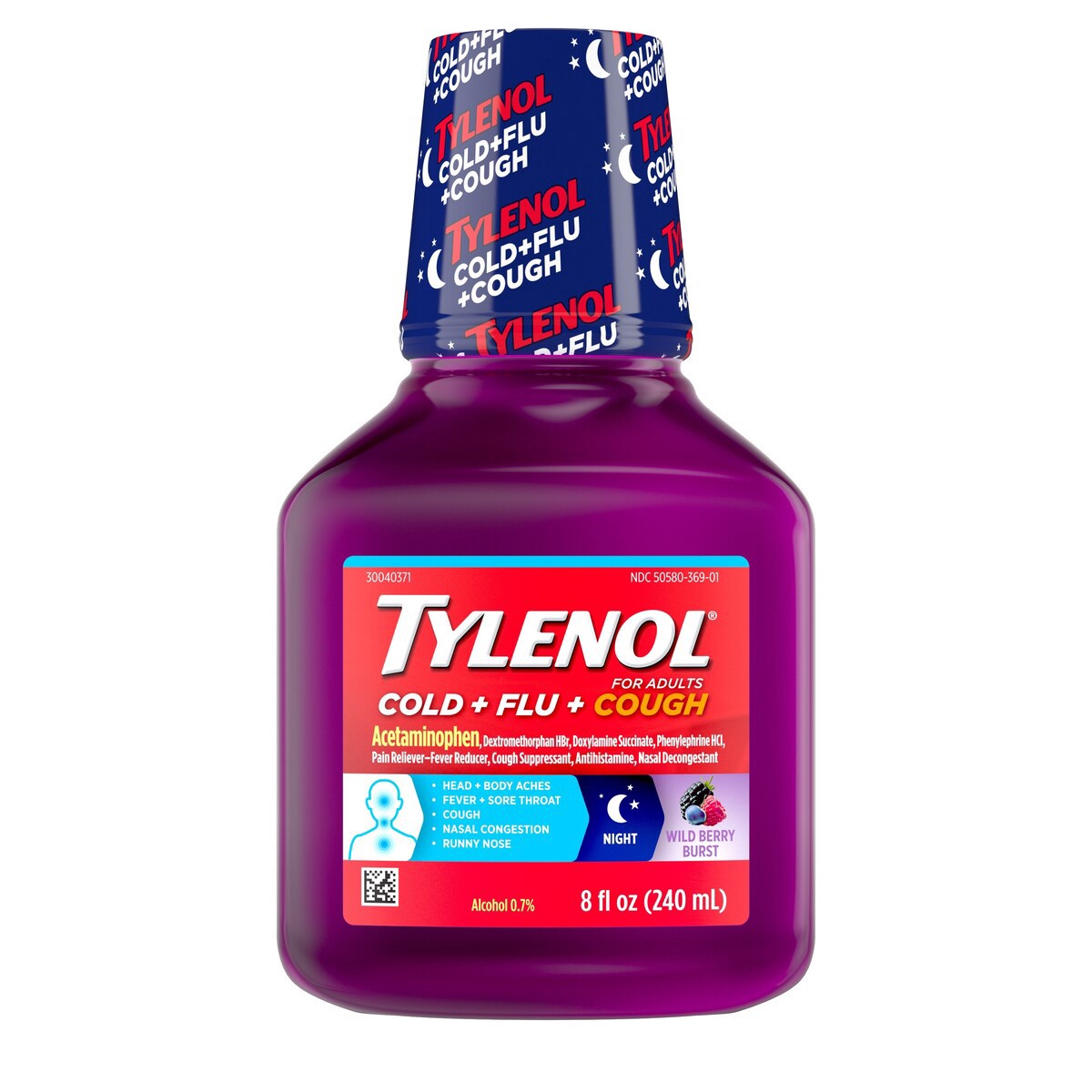 slide 6 of 6, Tylenol Cold + Flu + Cough Night Liquid, Wild Berry Burst, 8 fl oz