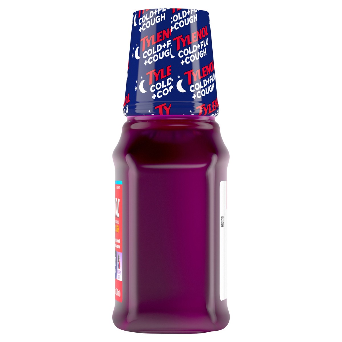 slide 3 of 6, Tylenol Cold + Flu + Cough Night Liquid, Wild Berry Burst, 8 fl oz