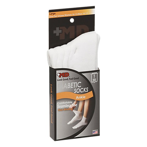 slide 1 of 1, +Md Socks Diabetic Seamless Toe Ankle Unisex Large White - Each, 1 ct