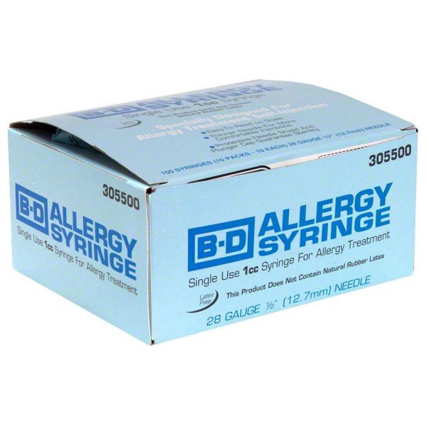 slide 1 of 1, BD 1cc 1/2" (12.7mm) Long Needle 28 Gauge Allergy Syringe, 100 ct