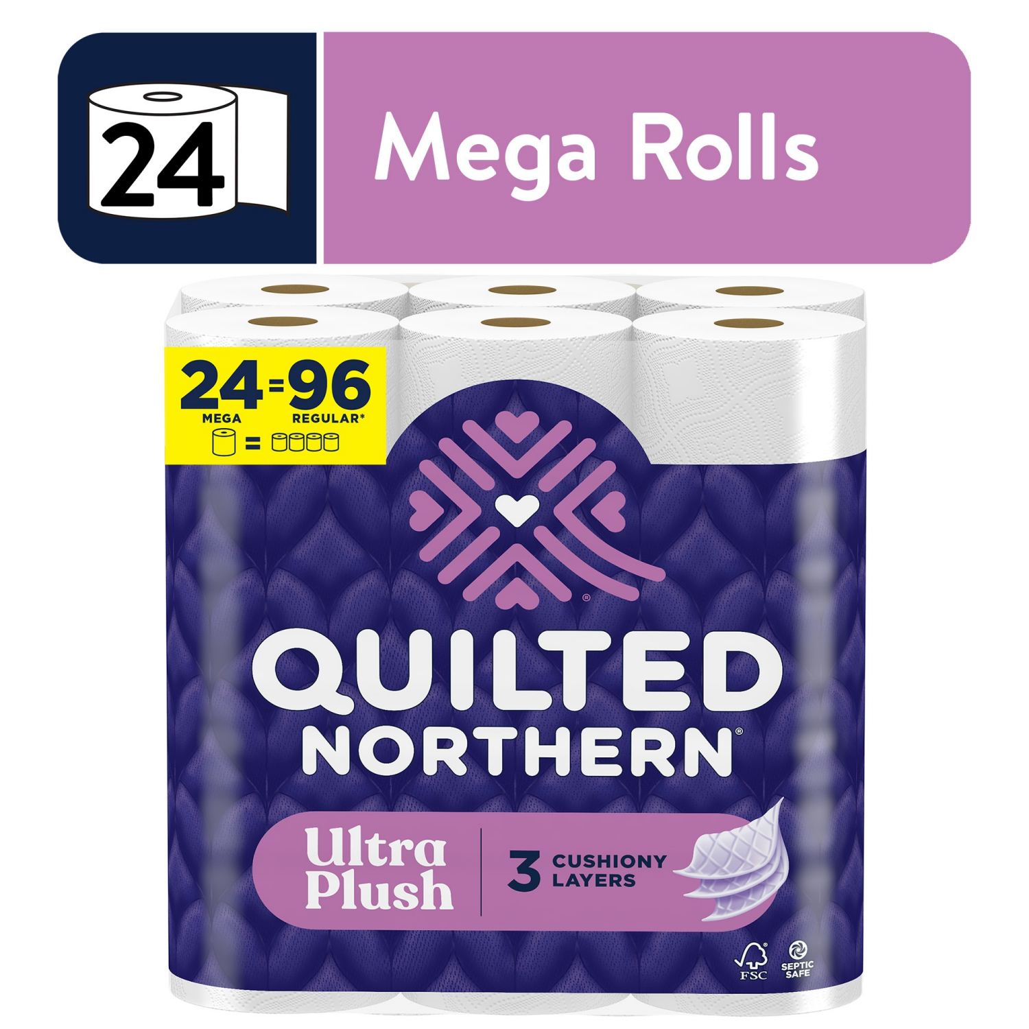 slide 1 of 8, Quilted Northern Toilet Paper, Unscented, Mega Rolls, 3-Ply, 24 ct