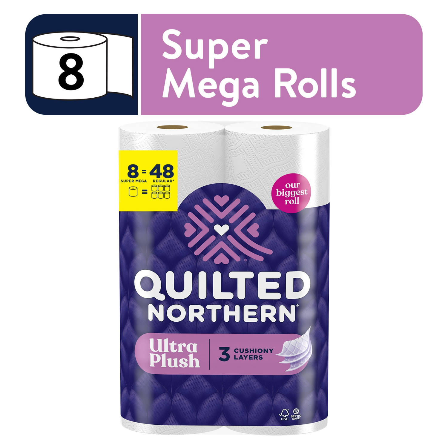 slide 1 of 8, Quilted Northern Bathroom Tissue, Unscented, Super Mega Rolls, 3-Ply, 8 ct