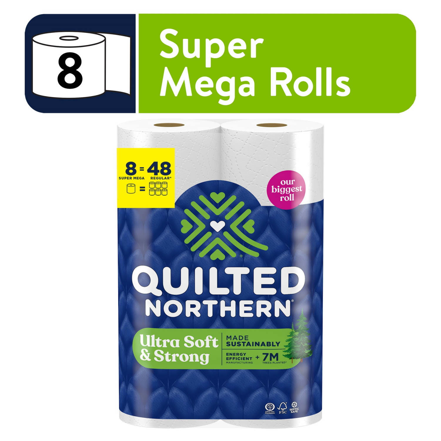 slide 1 of 8, Quilted Northern Ultra Soft & Strong Toilet Paper 8 Super Mega Rolls, Sustainable, Premium Soft Toilet Tissue, 8 ct