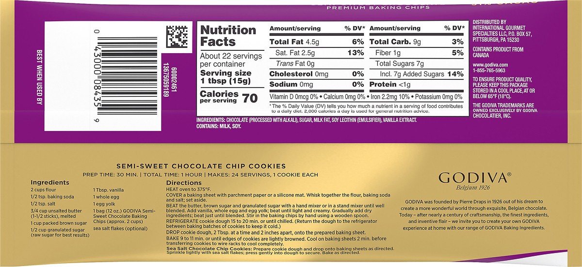 slide 8 of 9, GODIVA Semi Sweet Chocolate Premium Baking Chips, 11 oz Bag, 12 oz