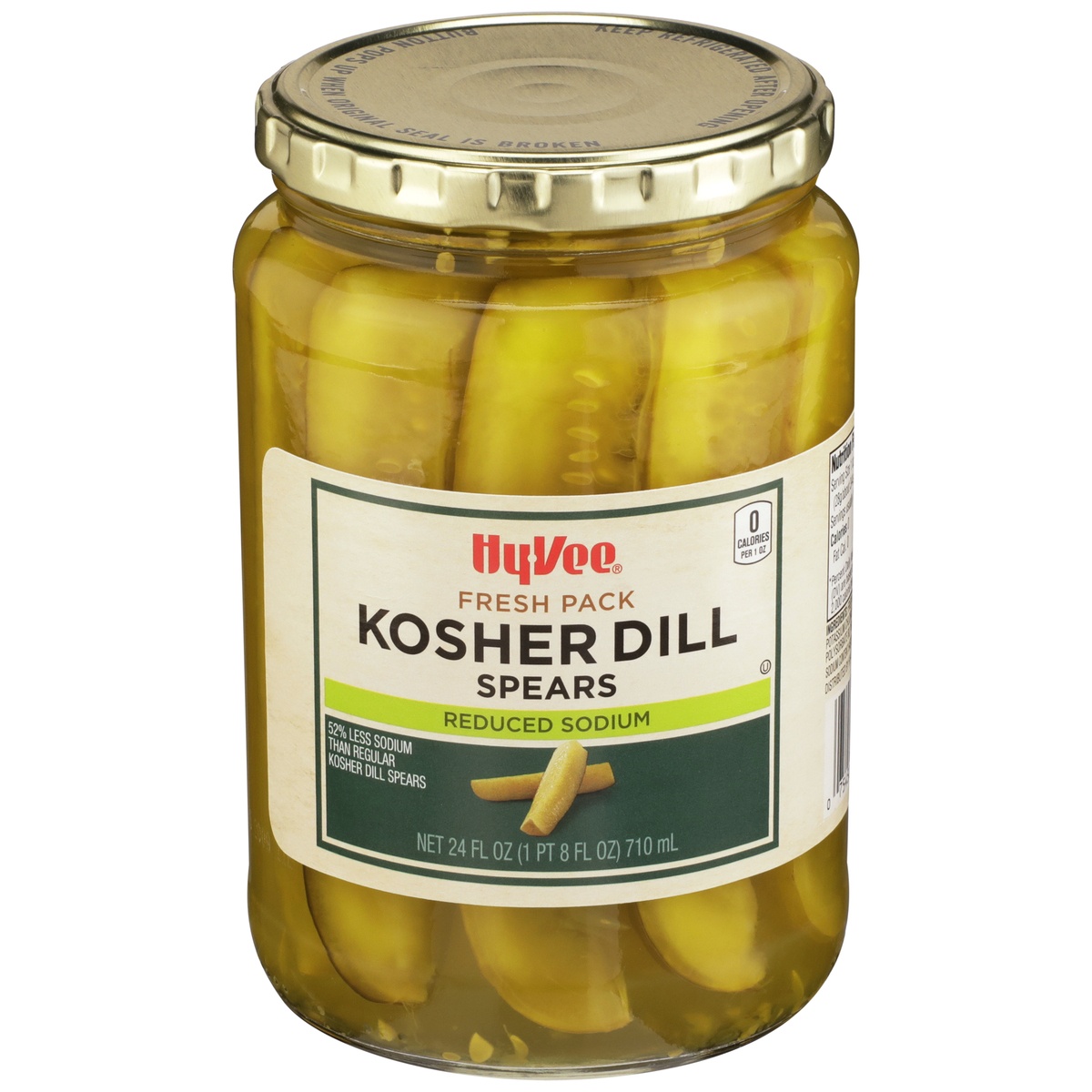 slide 1 of 1, Hy-vee Kosher Dill Reduced Sodium Spears, 24 fl oz