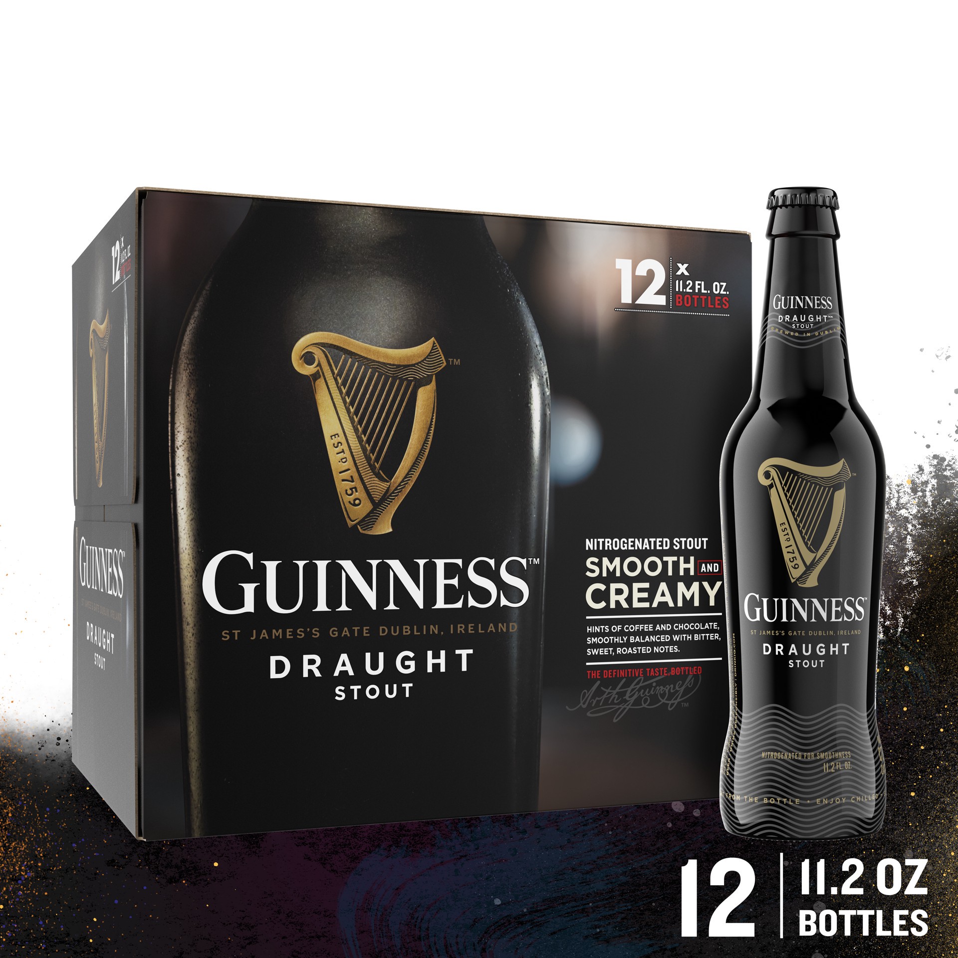 slide 1 of 4, Guinness Draught Stout Import Beer, 11.2 fl oz, 12 Pack Bottles, 4.2% ABV, 11.2 fl oz