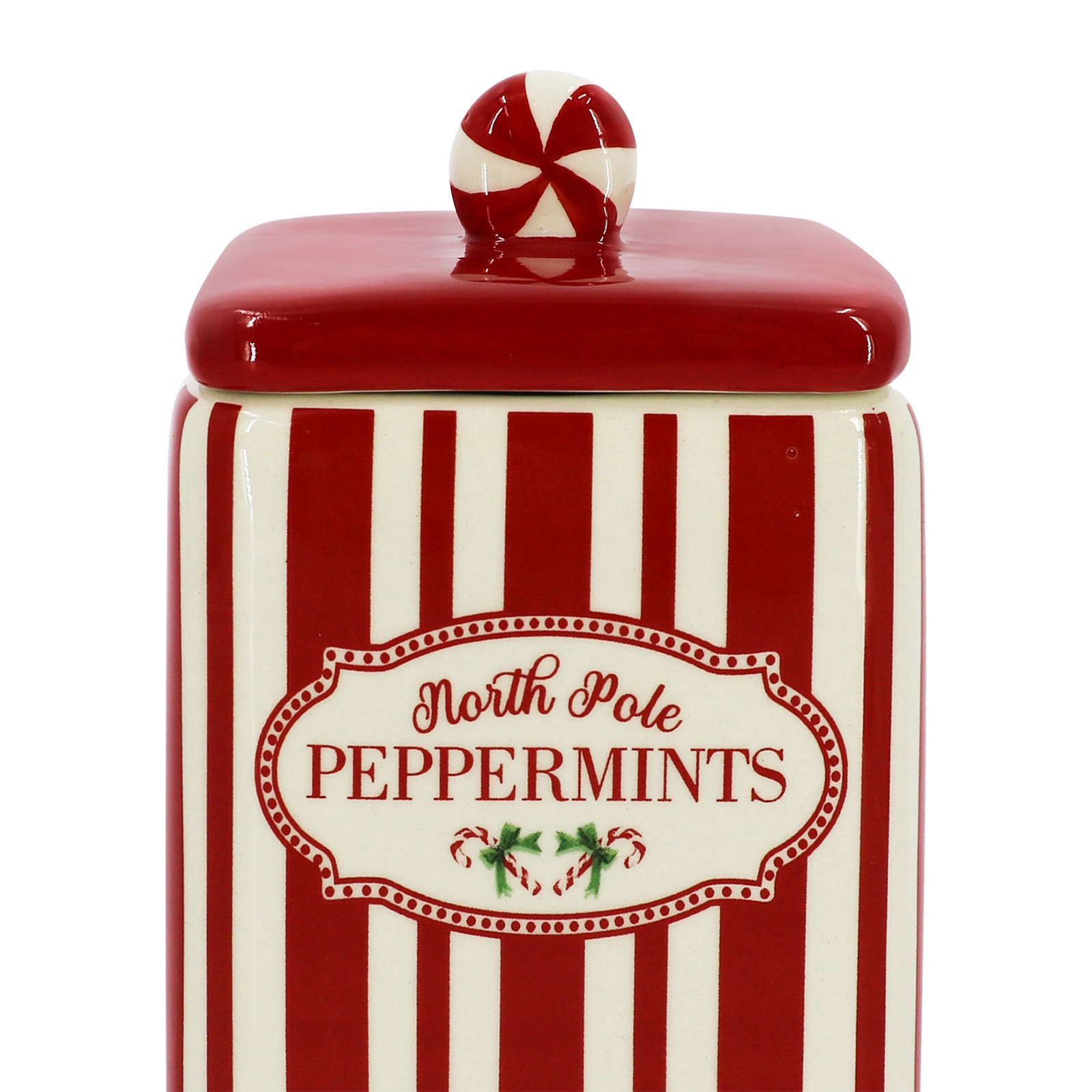 slide 4 of 5, 7.5" North Pole Peppermints Ceramic Container By Ashland, 3.75 in x 3 in x 7.625 in
