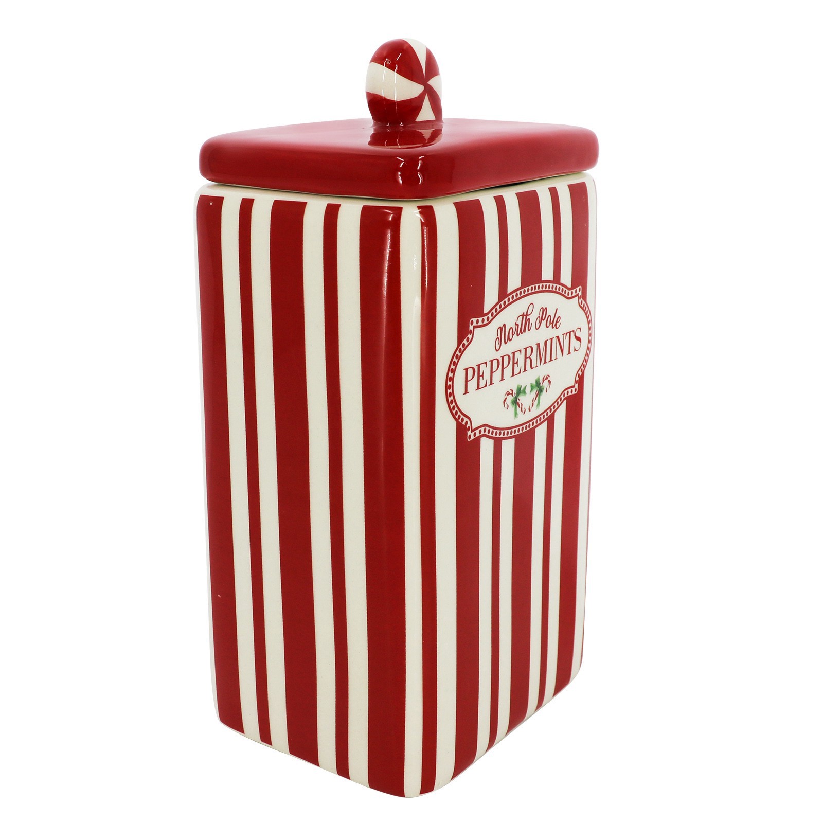 slide 5 of 5, 7.5" North Pole Peppermints Ceramic Container By Ashland, 3.75 in x 3 in x 7.625 in