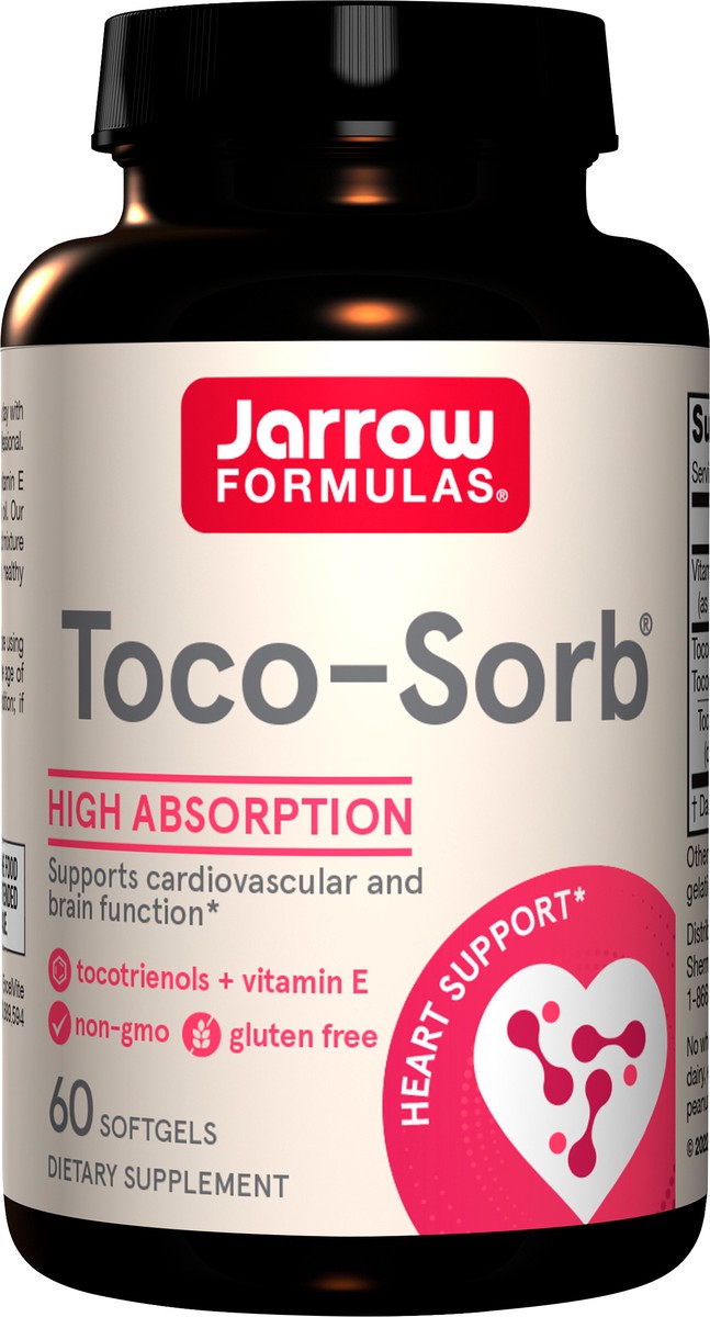 slide 4 of 4, Jarrow Formulas Toco-Sorb - 60 Softgels - Cardiovascular Health & Brain Function Support - High Absorption Formula - Mixed Tocotrienols & Vitamin E Supplement - Up to 60 Servings, 60 ct