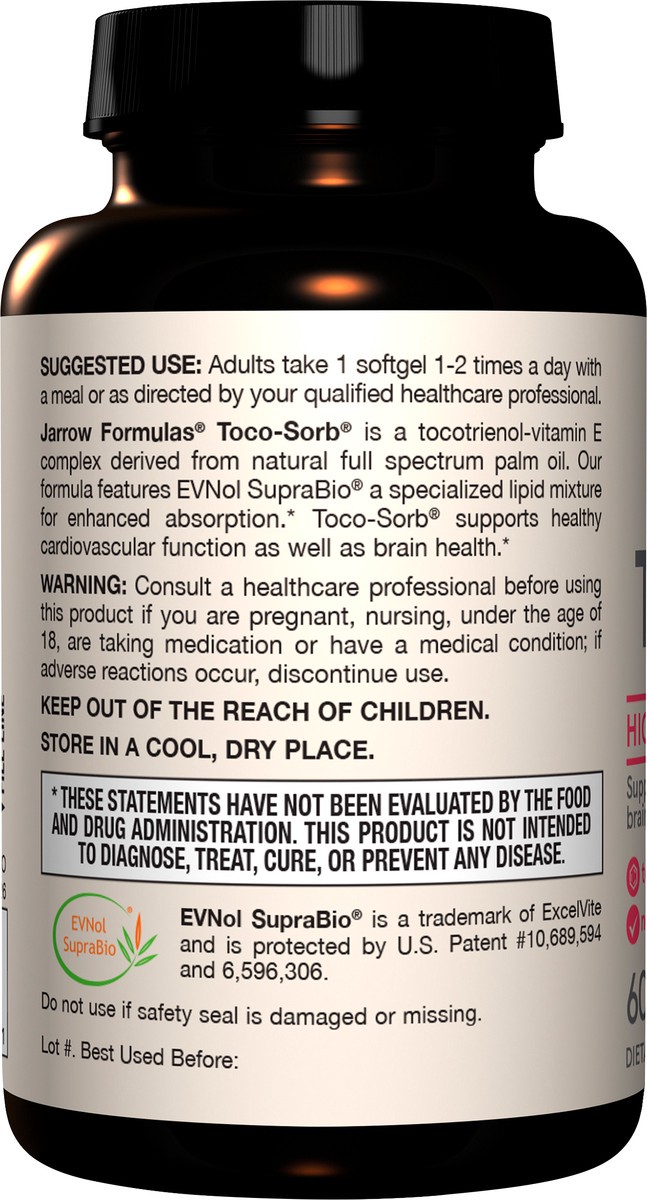 slide 3 of 4, Jarrow Formulas Toco-Sorb - 60 Softgels - Cardiovascular Health & Brain Function Support - High Absorption Formula - Mixed Tocotrienols & Vitamin E Supplement - Up to 60 Servings, 60 ct