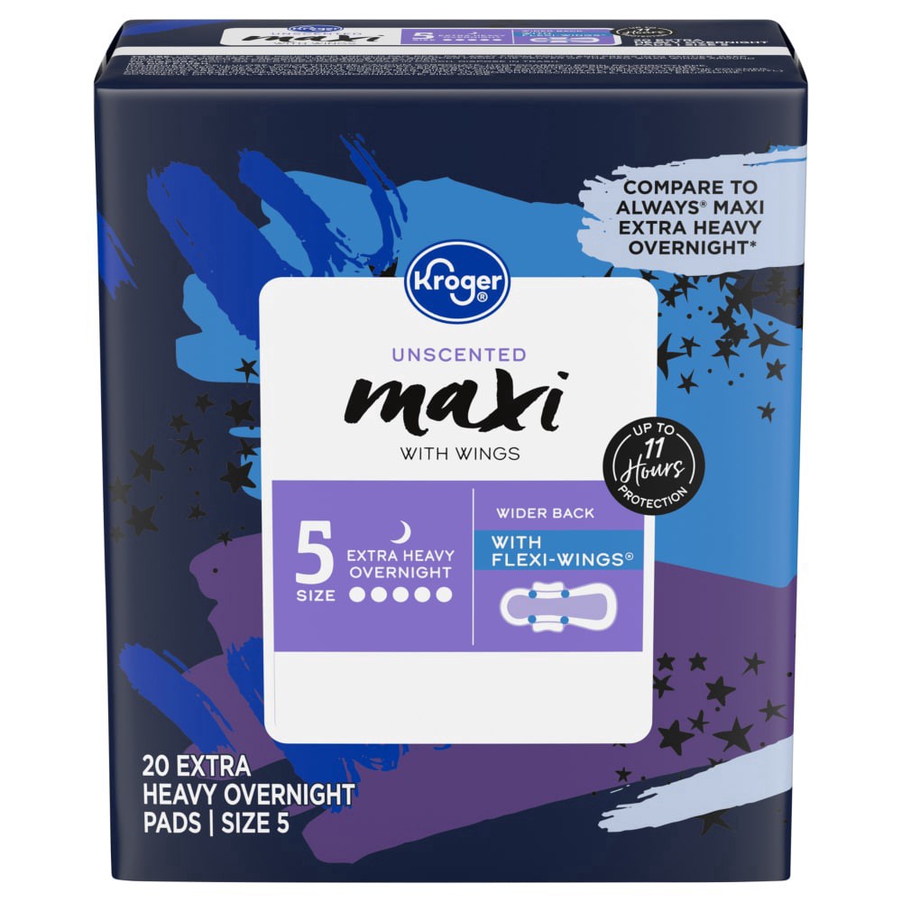 slide 1 of 1, Kroger® Overnight Extra Heavy Unscented Maxi Pads with Wings, 20 ct