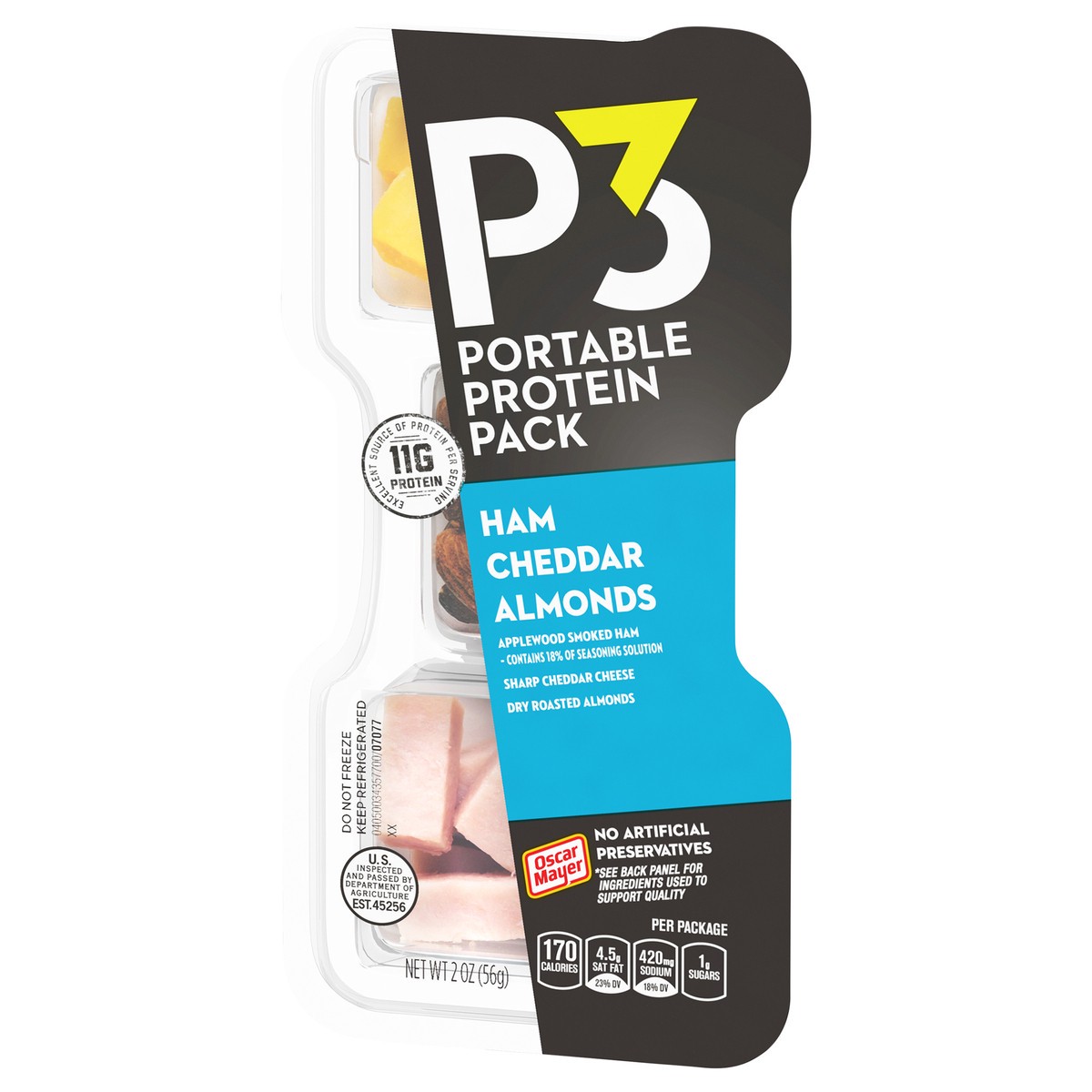 slide 3 of 9, P3 Portable Protein Snack Pack with Ham, Almonds & Cheddar Cheese, 2 oz Tray, 2 oz