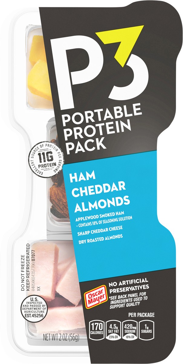 slide 6 of 9, P3 Portable Protein Snack Pack with Ham, Almonds & Cheddar Cheese, 2 oz Tray, 2 oz
