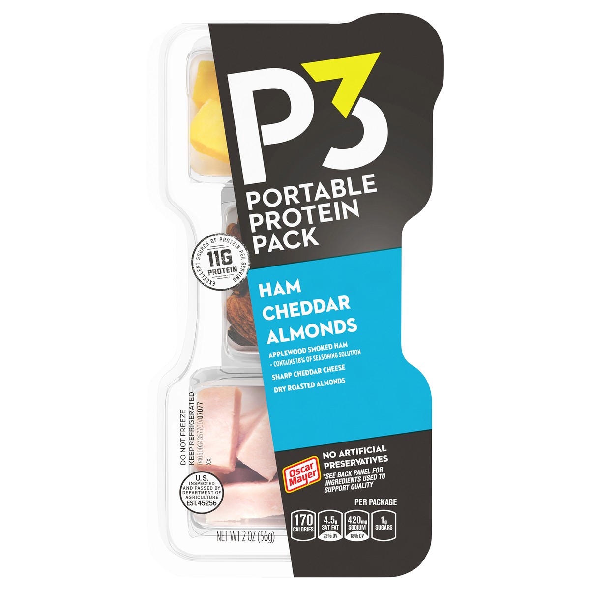 slide 1 of 9, P3 Portable Protein Snack Pack with Ham, Almonds & Cheddar Cheese, 2 oz Tray, 2 oz