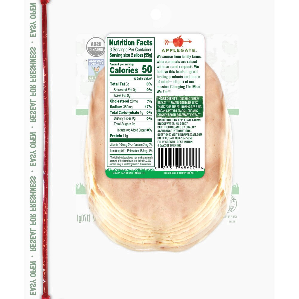slide 8 of 9, Applegate Organics Oven Roasted Turkey Breast Sliced, 6oz, 6 oz