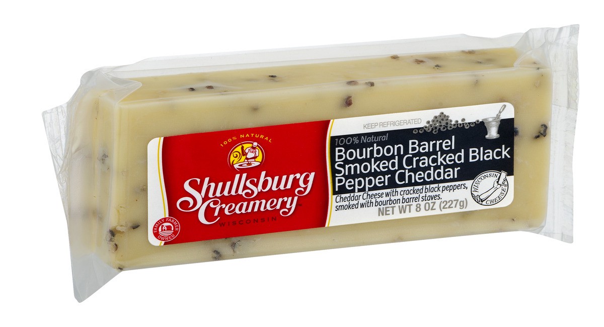 slide 7 of 11, Shullsburg Creamery Bourbon Barrel Smoked Cracked Black Pepper Cheddar Cheese 8 oz, 8 oz