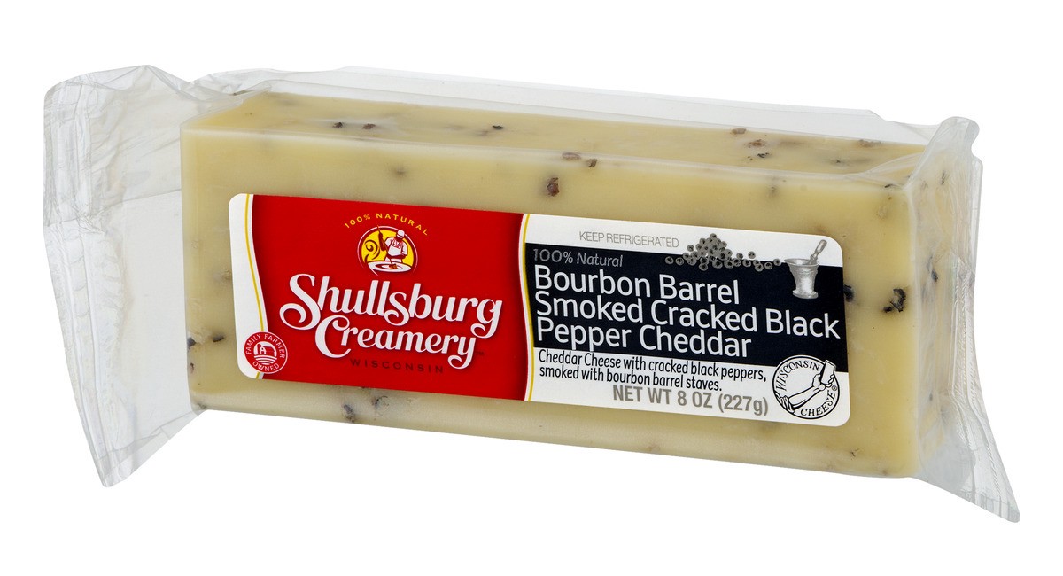 slide 3 of 11, Shullsburg Creamery Bourbon Barrel Smoked Cracked Black Pepper Cheddar Cheese 8 oz, 8 oz