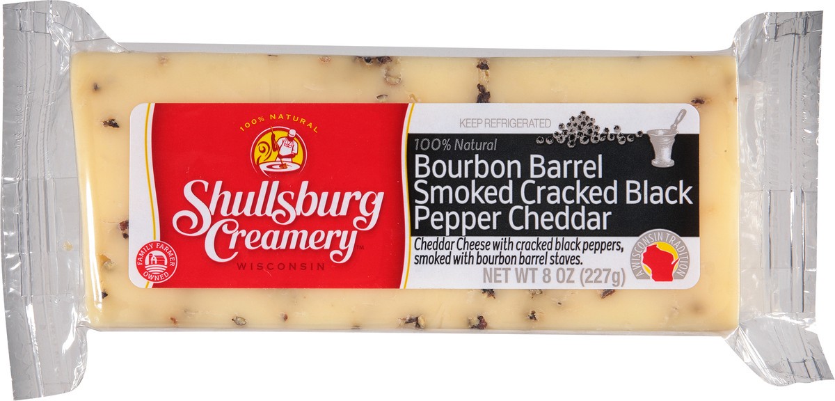 slide 1 of 11, Shullsburg Creamery Bourbon Barrel Smoked Cracked Black Pepper Cheddar Cheese 8 oz, 8 oz