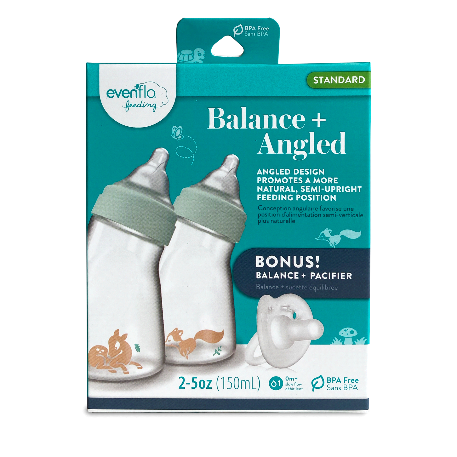 Evenflo Feeding Balance + Angled Standard Neck Bottle 5oz 6pk with Balance + Pacifier Sample