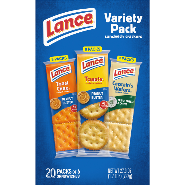 slide 13 of 25, Lance Sandwich Crackers, Variety Pack, 3 Flavors, 20 Individually Wrapped Packs, 6 Sandwiches Each, 20 ct