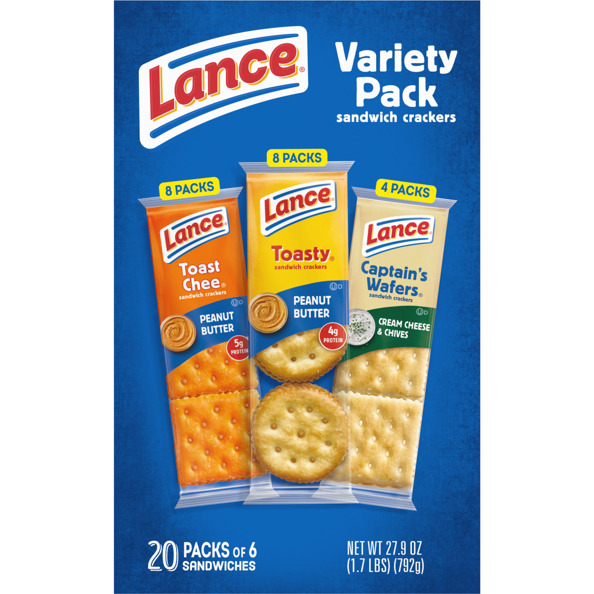 slide 22 of 25, Lance Sandwich Crackers, Variety Pack, 3 Flavors, 20 Individually Wrapped Packs, 6 Sandwiches Each, 20 ct