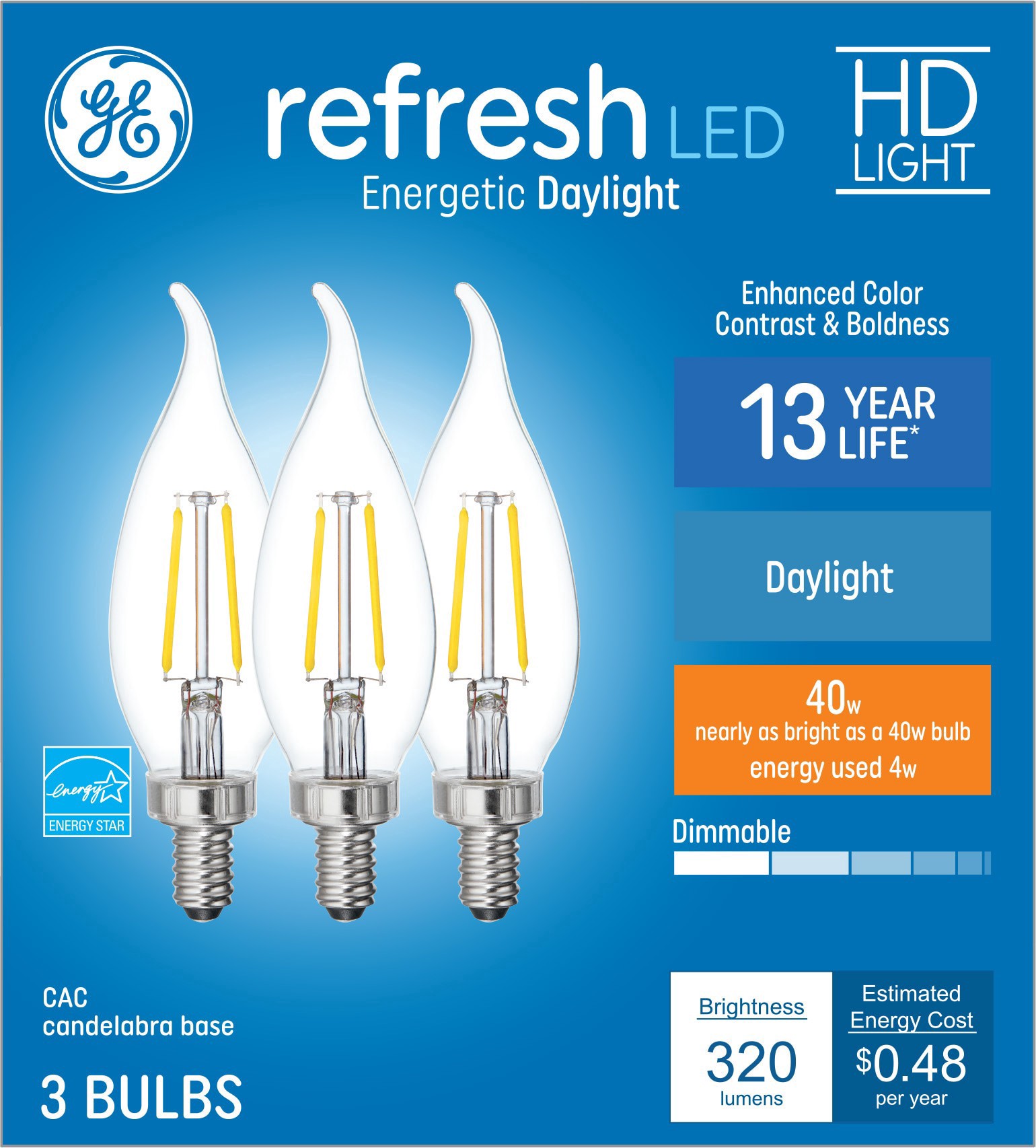 slide 1 of 6, GE Refresh HD LED 40W EQ Clear Decorative Candelabra Base Bent Tip Dimmable Light Bulb 3-Pack, 1 ct
