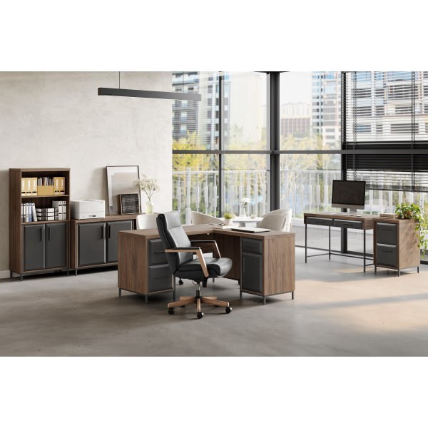 slide 8 of 10, Thomasville Alderbrook 60""W L-Shaped Corner Desk With Integrated Power Outlet, Walnut/Matte Black, 1 ct