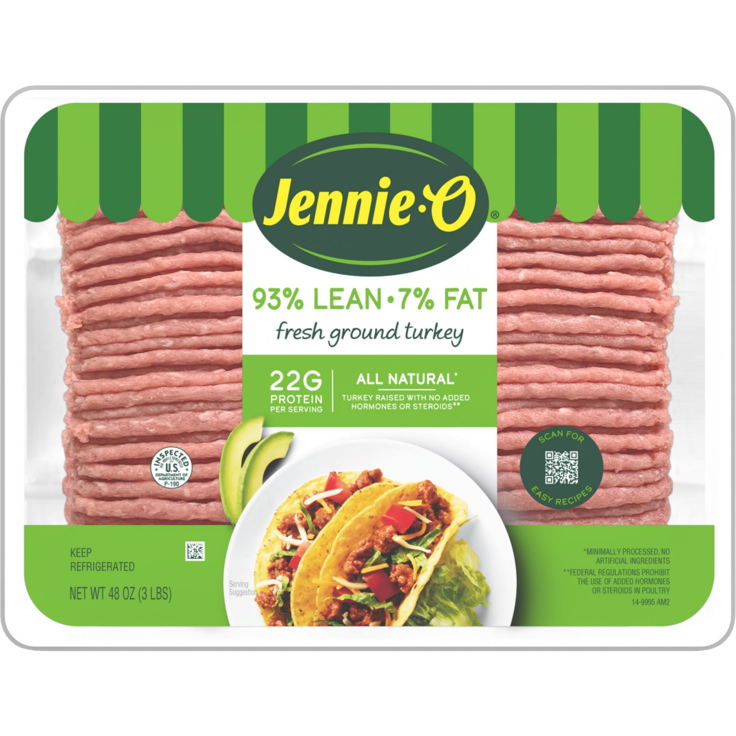 slide 1 of 3, JENNIE-O Ground Turkey 93% Lean / 7% Fat - 3 lb. tray, 48 oz