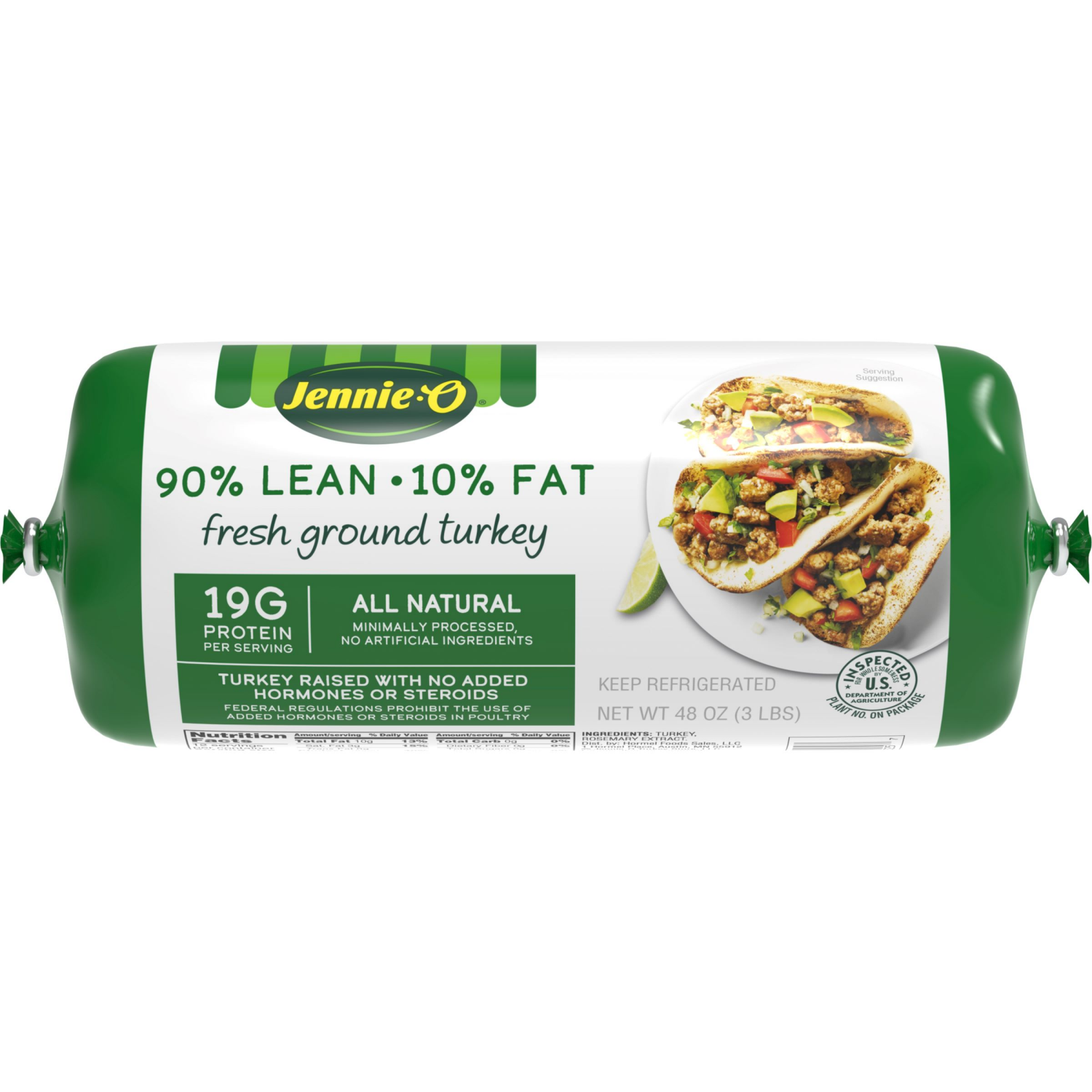 slide 1 of 4, JENNIE-O Ground Turkey 90% Lean / 10% Fat - 3 lb. chub, 48 oz