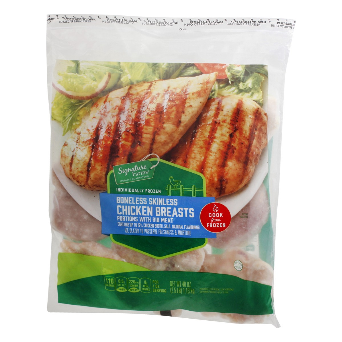 slide 4 of 9, Signature Select Signature Farms Individually Frozen Boneless Skinless Chicken Breasts Portions with Rib Meat 40 oz Frozen, 1.13 kg
