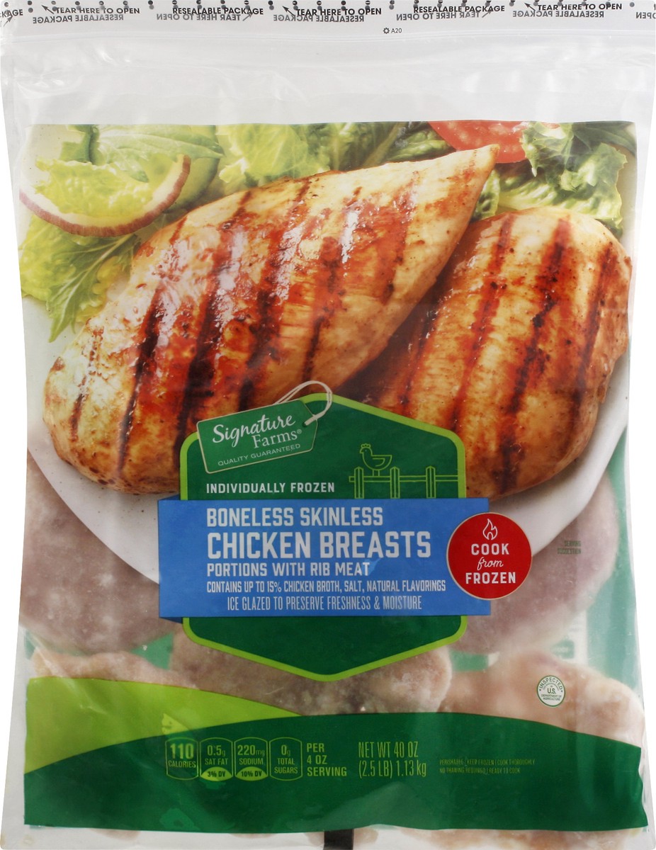 slide 2 of 9, Signature Select Signature Farms Individually Frozen Boneless Skinless Chicken Breasts Portions with Rib Meat 40 oz Frozen, 1.13 kg