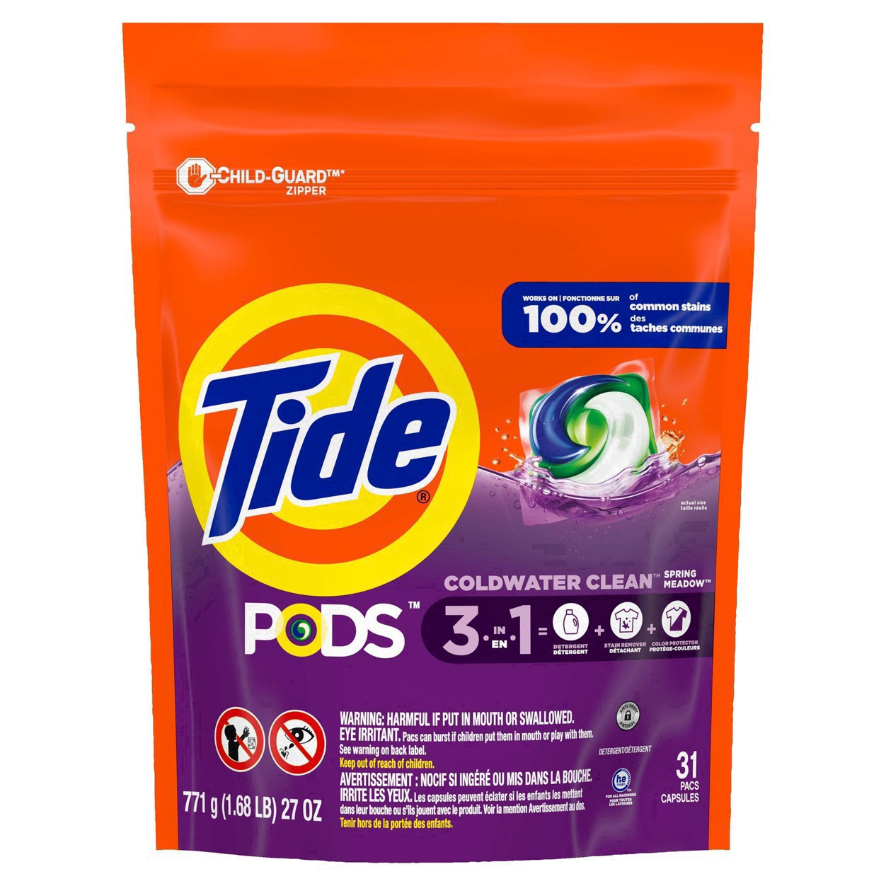 slide 20 of 90, Tide PODS laundry detergent pacs, 3-in-1 Stain Remover, Odor Fighter, Color Protector, 31 Count, HE compatible, Spring Meadow Scent, 31 ct