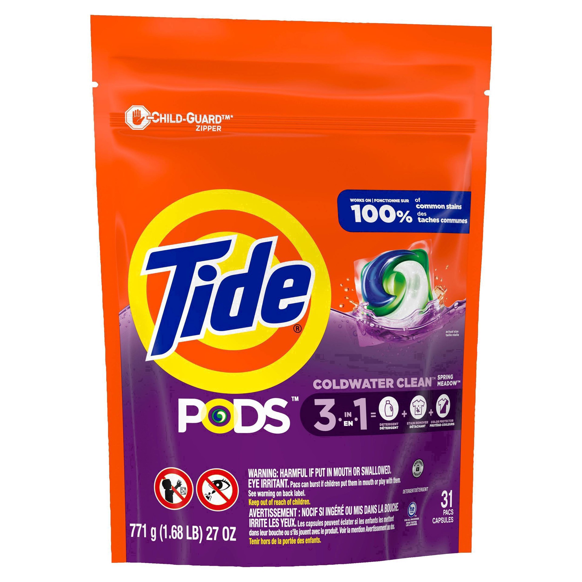 slide 82 of 90, Tide PODS laundry detergent pacs, 3-in-1 Stain Remover, Odor Fighter, Color Protector, 31 Count, HE compatible, Spring Meadow Scent, 31 ct