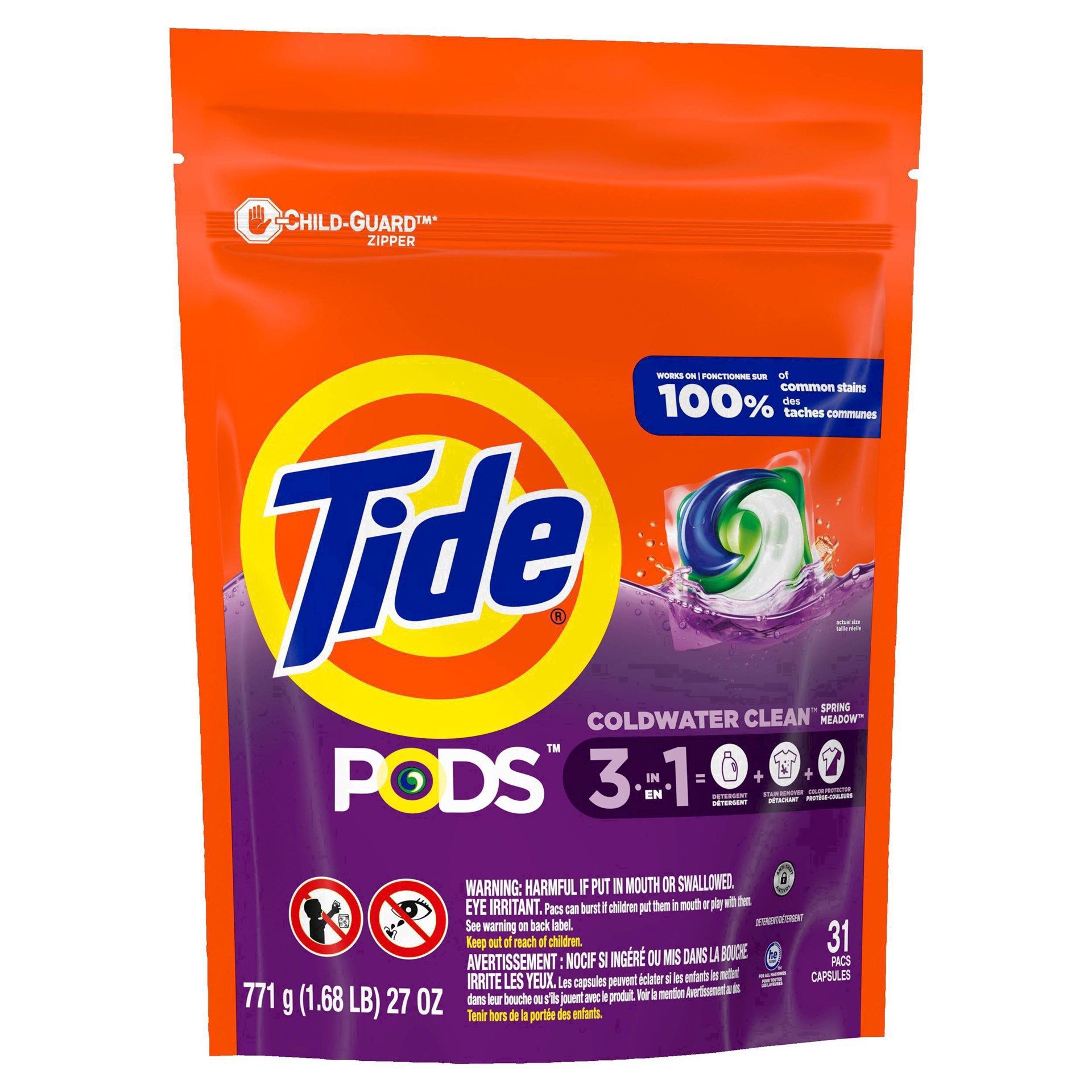slide 71 of 90, Tide PODS laundry detergent pacs, 3-in-1 Stain Remover, Odor Fighter, Color Protector, 31 Count, HE compatible, Spring Meadow Scent, 31 ct
