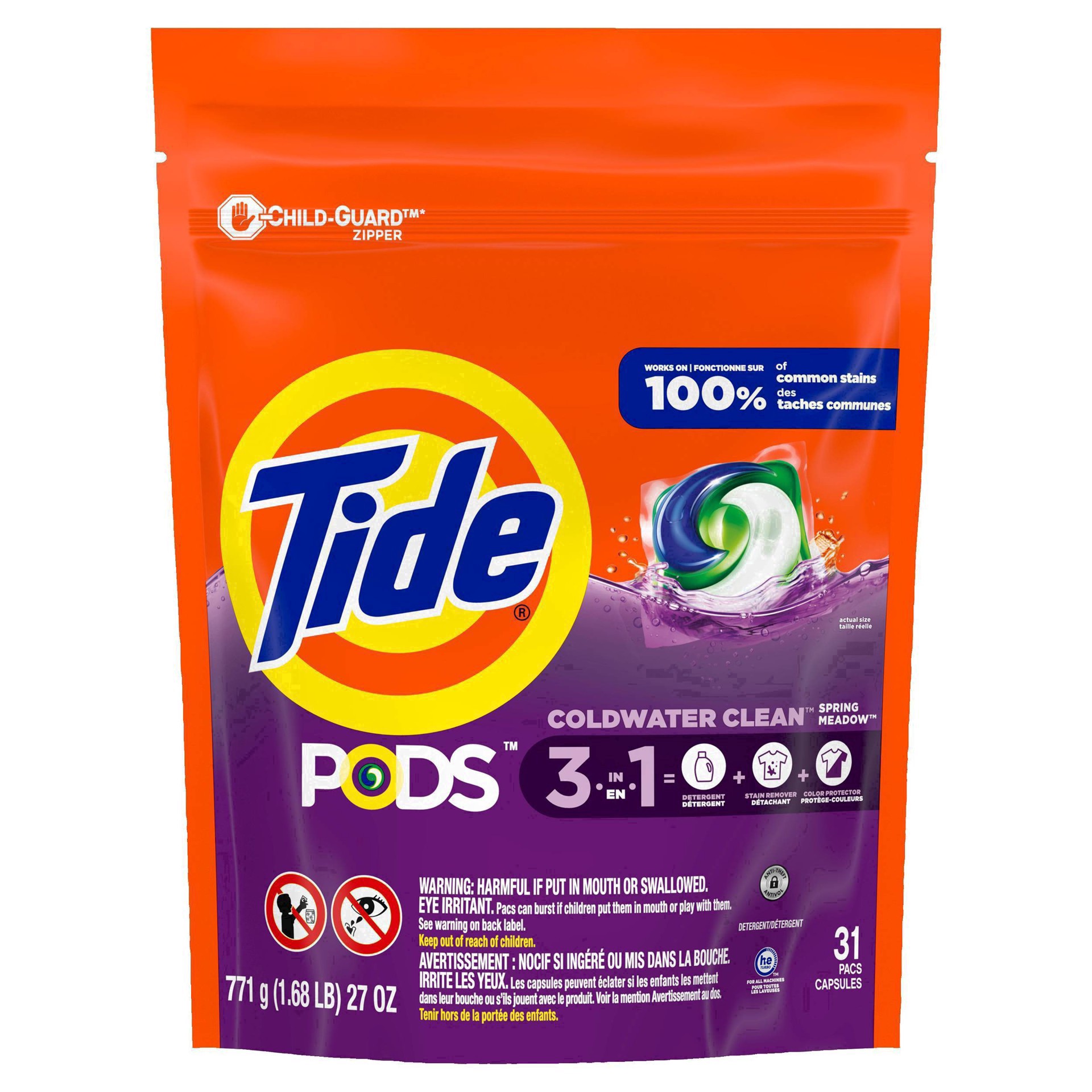 slide 87 of 90, Tide PODS laundry detergent pacs, 3-in-1 Stain Remover, Odor Fighter, Color Protector, 31 Count, HE compatible, Spring Meadow Scent, 31 ct