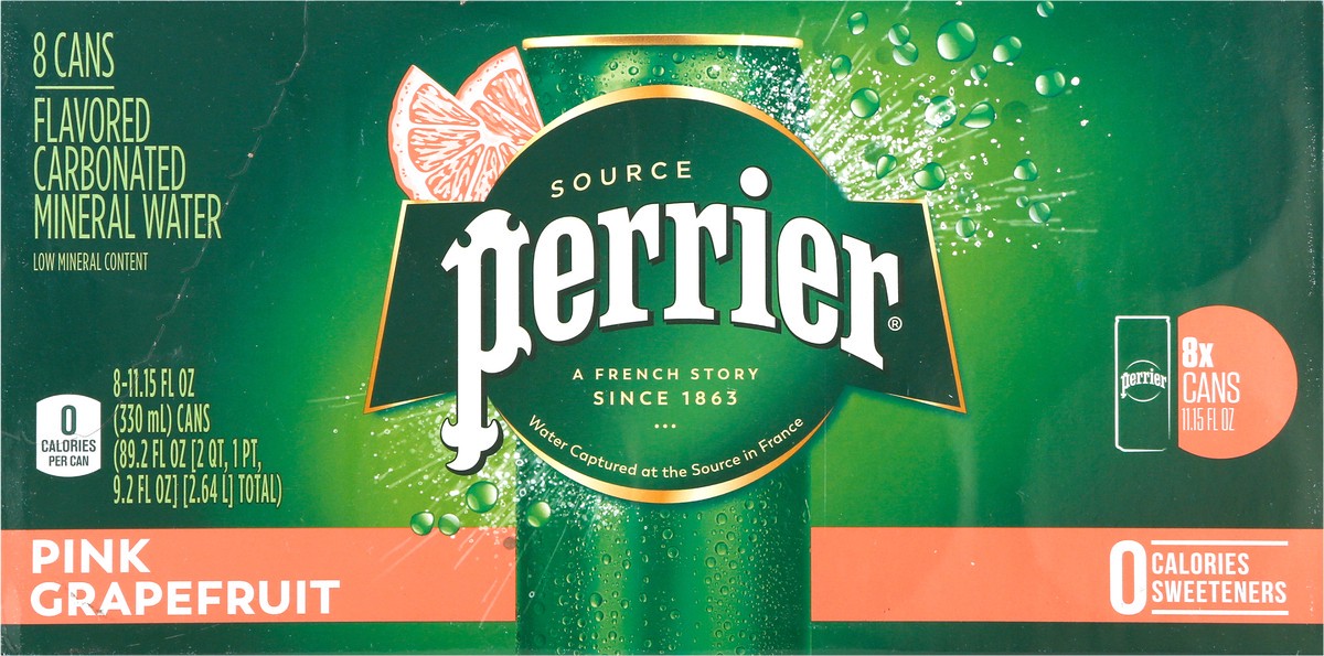 slide 2 of 9, Perrier Pink Grapefruit Flavored Sparkling Water, Sleek Cans (24 Count) 89.2 fl oz., 8 ct